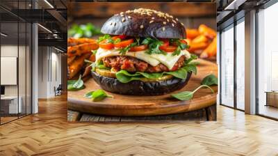 Juicy gourmet burger with black charcoal bun, peppery arugula, sweet sun-dried tomatoes, melted mozzarella, and creamy avocado slices, paired with crispy sweet potato fries. Wall mural