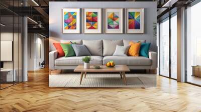 Light grey sofa with vibrant multicolored pillows against a subtle wall backdrop, accompanied by four artistic poster frames, exuding modern Scandinavian pop art inspired living room elegance. Wall mural