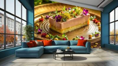 Luxurious gold-plated plate, creamy foie gras terrine, microgreens, edible flowers, soft natural light, warm beige tones, velvety texture, ethereal ambiance, opulent fine dining Wall mural