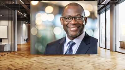 Middle-aged black businessman wearing glasses and a dark suit with tie looks at camera with confident smile in indoor setting with blurry lights background. Wall mural