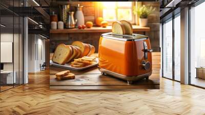 Retro-style orange toaster with rounded edges and chrome accents sitting on a distressed wooden countertop amidst scattered bread slices and warm morning light. Wall mural