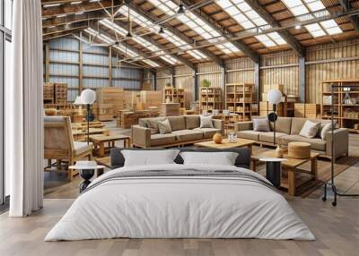 Rustic wooden farmhouse-style furniture displayed in a wholesale furniture distribution warehouse Wall mural