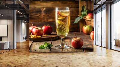 Savor the refreshing taste of Apfelschorle, a bubbly apple spritzer in a glass, accompanied by vibrant apple slices, Wall mural