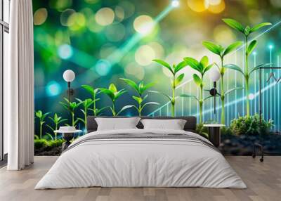 Seedlings representing financial growth and technological advancement flourish in the digital landscape, illustrating the symbiotic relationship between business innovation and sustainable economic  Wall mural