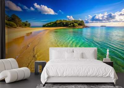 Soft golden sandbanks curl around the shore, embracing the warm breeze as they stretch towards the crystal-clear Wall mural