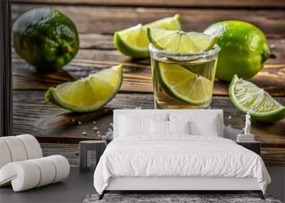 Tequila poured into a salt-rimmed shot glass on a wooden surface, accompanied by two lime wedges, inviting a Wall mural