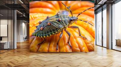 Terrifyingly large and menacing humped back larva of a pumpkin stink bug Wall mural