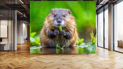 The brown muskrat proudly holds a bouquet of aquatic vegetation in its paws, against a lush green background, Wall mural