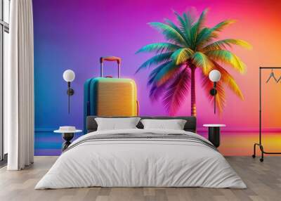 Vibrant neon gradient background highlights a solitary tropical palm tree and a colorful suitcase, evoking a sense of fun, relaxation, and exotic summer travel adventures. Wall mural