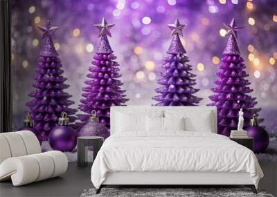 Vibrant purple Christmas trees twinkle with sparkling lights and ornaments amidst a dazzling backdrop that shimmers and Wall mural