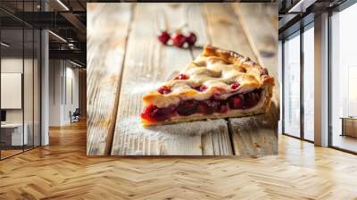 whimsical rustic pie slice on vintage distressed white wooden background with warm golden light and shallow depth of field Wall mural