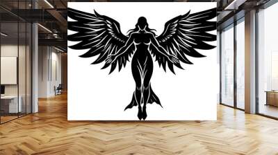 Black silhouettes of angels with large wings on a white background Wall mural