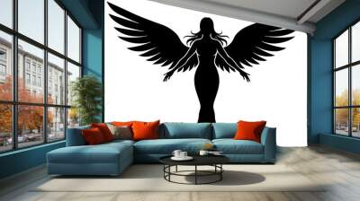 Black silhouettes of angels with large wings on a white background Wall mural