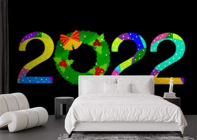 Happy New Year and Merry Christmas 2022. Abstract vector illustration background. Wreath is used to represent the number 0 in the year 2022. Snow on figures and wreaths. Isolated black background. Wall mural