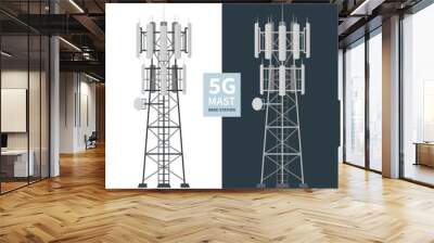 5G mast base stations set on white and dark background, flat vector illustration of mobile data towers, telecommunication antennas and signal, cellular equipment. Wall mural