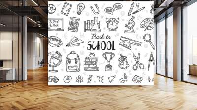 Back to school set of vector icons. A collection of linear elements of education in the doodle style. Objects drawn by hand on the day of knowledge. A ruler, a backpack and a globe. Wall mural