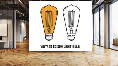 Filament incandescent lamp, vintage Edison light bulb with tungsten icon, vector linear illustration in doodle sketch hand drawn style Wall mural