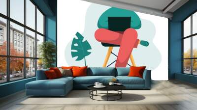 Flat vector illustration of a freelancer typing on his notebook. Young male working from home office with his laptop on his laps, distant employee while quarantine and isolation. Wall mural