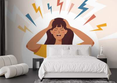 Stress, irritation factors, housekeeping, overwork, badmood. Flat vector illustration of female with open mouth, clutching at head with both hands, suffering from headache, panic, fright, depression. Wall mural