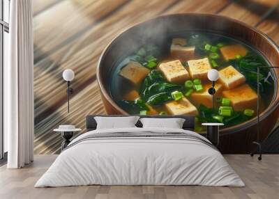 A warm bowl of tofu soup with steamed greens, highlighting a nourishing meal with fresh ingredients and cozy ambiance. Wall mural