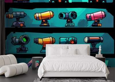 Colorful collection of cartoon-style turrets set against a vibrant, abstract background. Great for game design and illustrations. Wall mural