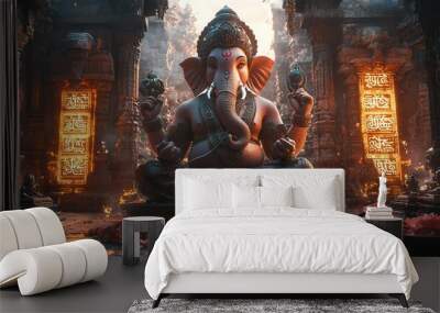 Majestic statue of Ganesha surrounded by intricate architecture and flowers, radiating spiritual tranquility and light. Wall mural