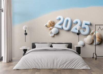 Stylish beach scene featuring the year 2025 with seashells on sand, symbolizing future travel and relaxation. Wall mural