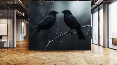 Two black birds perched on a snowy branch during winter dusk, with soft snowfall in the background creating a serene and mystical ambiance. Wall mural