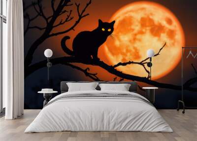 A black cat is sitting on a tree branch in front of a full moon Wall mural