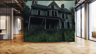 A creepy old house with a porch and a fence Wall mural