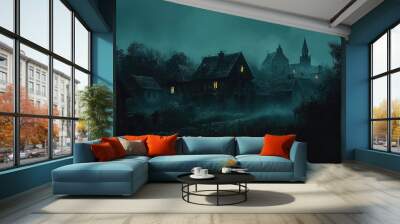 A dark, stormy night with a small village in the background Wall mural