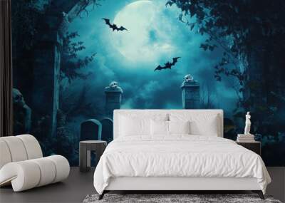 A graveyard with two bats flying in the sky above it Wall mural