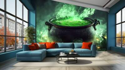 A green cauldron bubbles ominously with a vibrant green liquid and wisps of smoke rising into the air. The eerie glow of the potion casts unsettling shadows. Wall mural