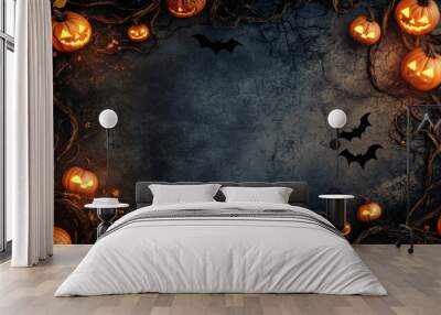 A Halloween themed background with bats and pumpkins Wall mural