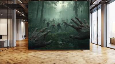 A hand is shown in a forest with a bunch of other hands Wall mural