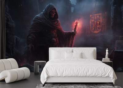 A hideous undead sorcerer in a black cloak holding a glowing staff in a dark, eerie setting Wall mural