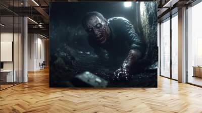 A man is crawling through a dark tunnel with his hands on his face Wall mural