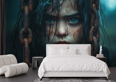 A scary ghost girl with a haunting expression and ghostly skin emerges from a dark, abandoned playground, where rusted swings creak in the foreboding silence. Wall mural