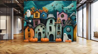 A whimsical Halloween village with colorful houses, pumpkins, and ghosts. Wall mural