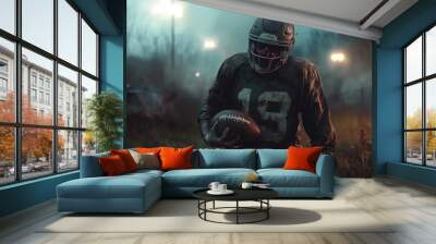 A zombie athlete with rotting skin, wearing a torn uniform, holding a deflated football, standing on an overgrown, abandoned field, stadium lights flickering. Wall mural