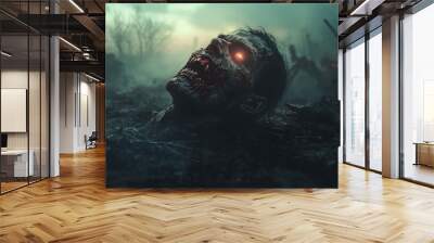 A zombie man with glowing eyes stares at the camera. The scene is dark and eerie, with a sense of danger and fear Wall mural