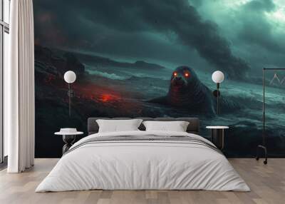 A zombie seal with a decayed face and glowing eyes, basking on a rocky shore under a cloudy, ominous sky. Wall mural