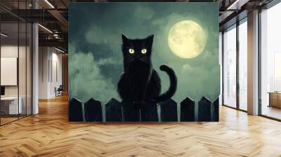 An eerie illustration of a black cat with glowing eyes, sitting on a fence under the moon. Wall mural