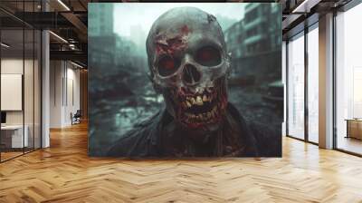 Gory zombie face with half of the skull exposed, teeth broken and blood oozing from the gums. Its hollow, dead eyes are wide open, in front of a decayed urban setting. Wall mural