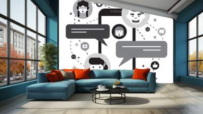 Black and white tone of social media cartoon concept vector illustration. Smartphone with message bubble,people and icons decoration. Wall mural