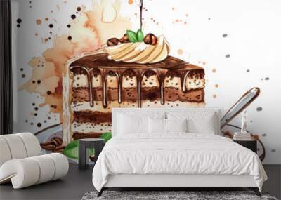 Coffee cake ,illustration watercolor Wall mural