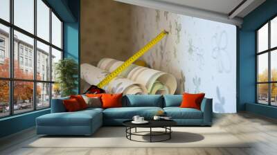 Two rolls of wallpaper and a measuring tape Wall mural