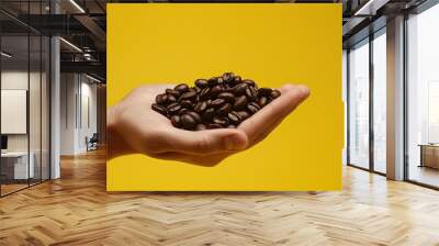 coffee beans for making a drink, many objects crumbly, scattered on a yellow background. Wall mural