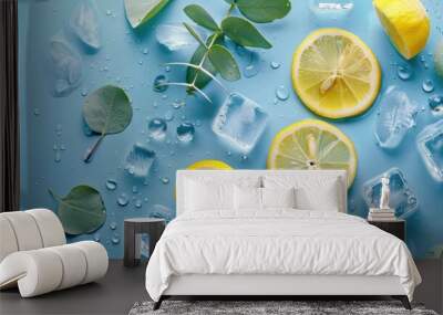 fresh sliced lemon and lime fruits on a blue background with ice cubes and waterdrops Wall mural