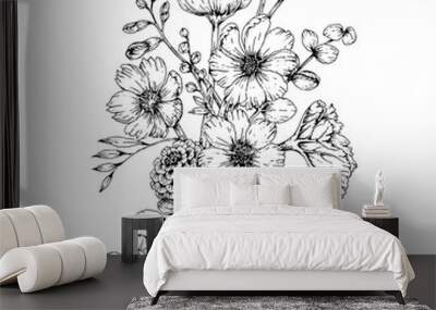 hand drawn illustration of cosmos flower bouquet, isolated on white background Wall mural